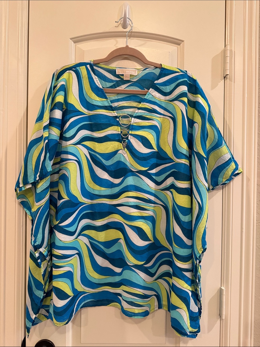 Michael Kors Teal, Lime & White Wave-Print Swim Coverup with Ring Detail